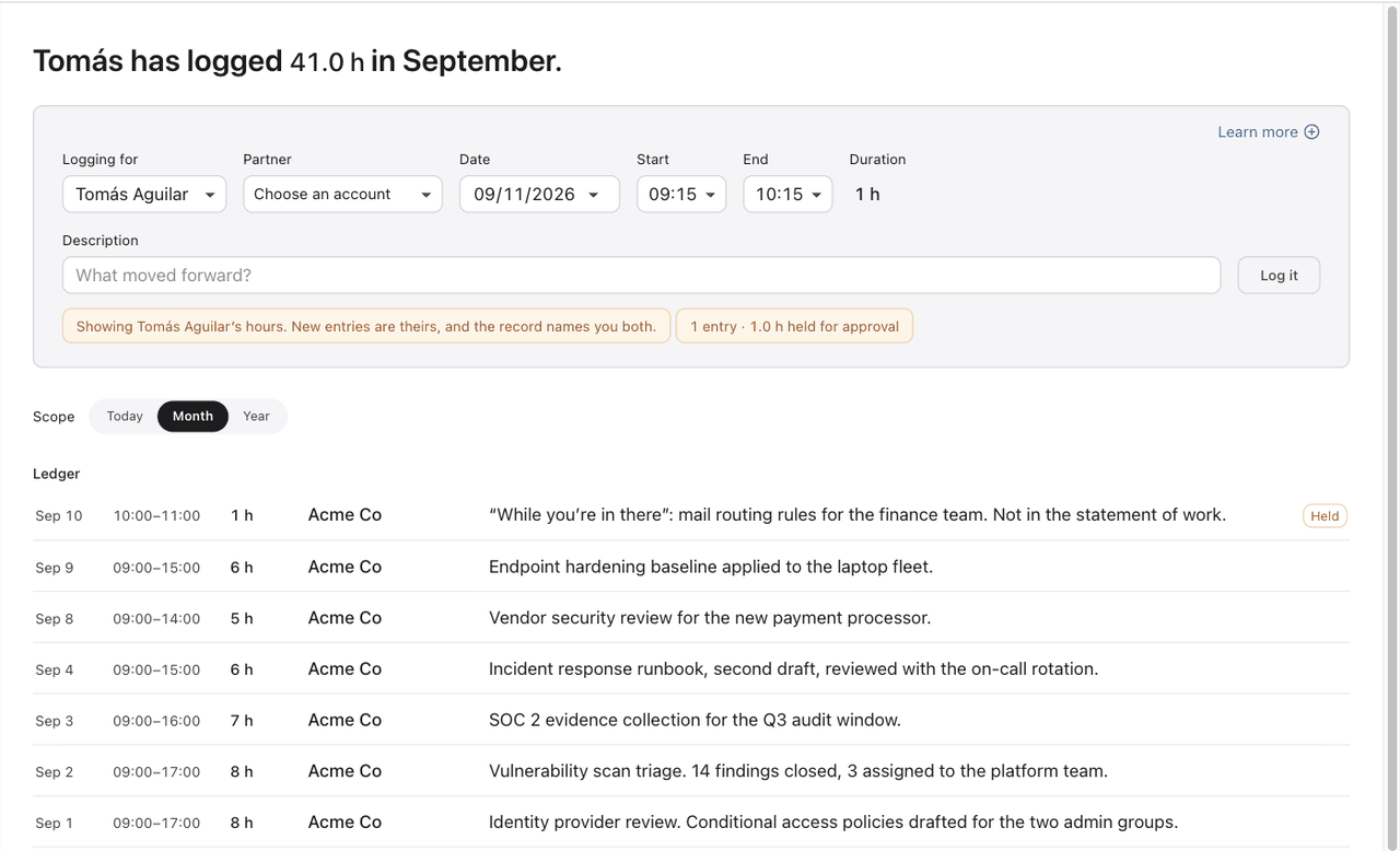 Ceed’s time tracking screen. Tomás has logged 41.0 h in September. A form to log an hour, then the ledger: seven entries on Acme Co, dated and described, the newest one marked Held.